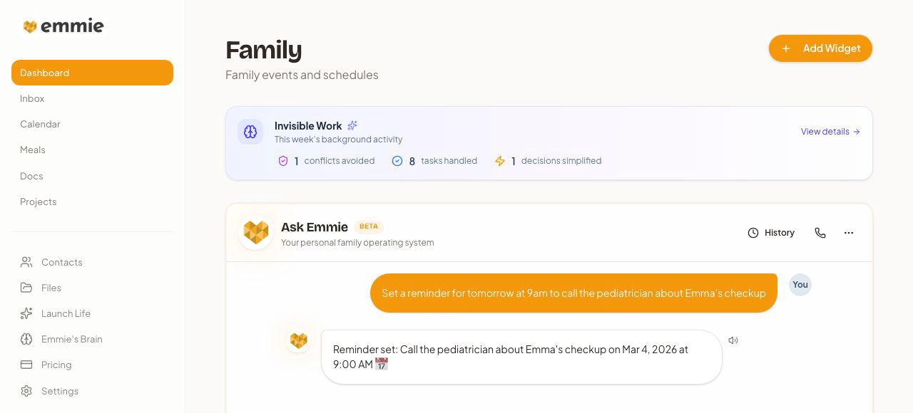 Emmie family dashboard showing calendar, tasks, meals, and more
